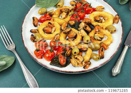 Seafood, calamari rings and mussels. Seafood, calamari rings and mussels. 119671285