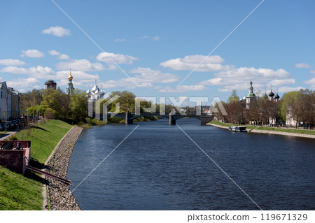 View of the Vologda River Embankment with Historic Buildings and Churches 119671329