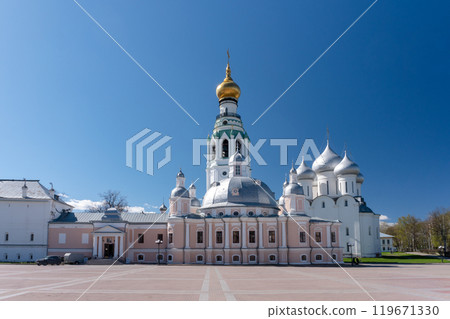 View of the Vologda Kremlin. St. Sophia Cathedral, bell tower and Resurrection Cathedral on a clear summer day. Historical landmark of the city of Vologda. 119671330
