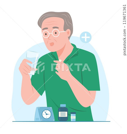 Senior Man Takes a Pill for Healthcare and Medical Concept Illustration 119671361