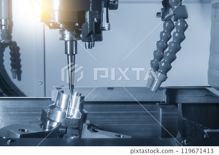 The 5-axis CNC milling machine  cutting the automotive part with solid ball end mill tool. 119671413