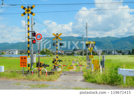 A railroad crossing where the barrier was lowered as a train approached [Azumino] 119671415