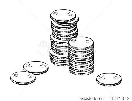 Vector illustration of a stack of coins currency. This hand drawn sketch features various coins, symbolizing financial growth and wealth management. The black and white outline art Vector illustration of a stack of coins currency. This hand drawn sketch features various coins, symbolizing financial growth and wealth management. The black and white outline art 119671450