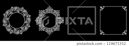 Set of decorative frames Elegant vector element for design in Eastern style, place for text. Floral black and white borders. Lace illustration for invitations and greeting cards. Set of decorative frames Elegant vector element for design in Eastern style, place for text. Floral black and white borders. Lace illustration for invitations and greeting cards. 119671552