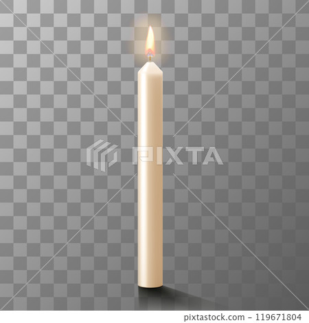 One long white burning candle made of wax isolated on transparent background, mock up. Realistic 3d vector illustration. Blank for a designer or postcard, slide for a presentation. 119671804