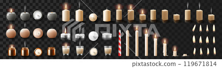 Set of scented wax candles of different sizes and shapes and colors isolated on transparent background. Candles in a candlesticks, burning, and fire flames with wick. Realistic 3d vector illustration 119671814