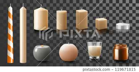 Set of scented wax candles of different sizes and shapes and colors isolated on transparent background. Candles in a candlesticks, burning, and fire flames with wick. Realistic 3d vector illustration Set of scented wax candles of different sizes and shapes and colors isolated on transparent background. Candles in a candlesticks, burning, and fire flames with wick. Realistic 3d vector illustration 119671815