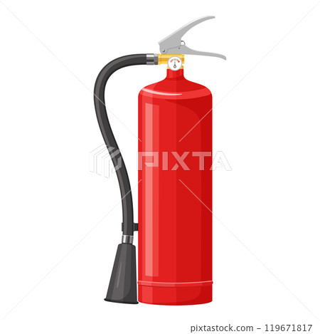 Red fire extinguisher with nozzle isolated on white background. Portable fire extinguishing equipment from fire department. Professional tool or instrument. Flat cartoon design vector illustration 119671817