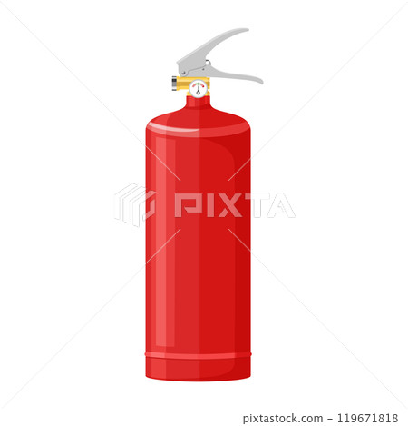 Red fire extinguisher isolated on white background. Portable fire extinguishing equipment from fire department. Professional tool or instrument. Realistic 3D vector illustration 119671818