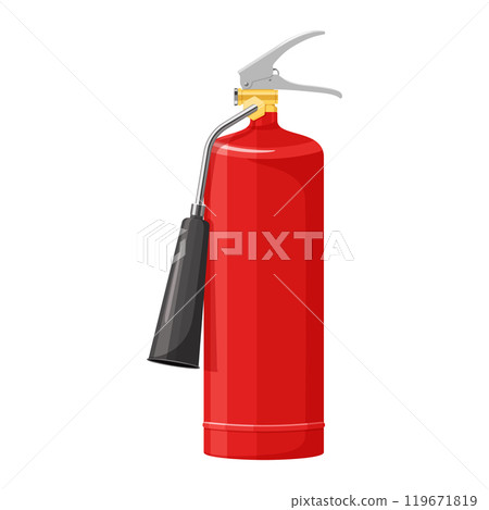 ?arbon dioxide fire extinguisher with nozzle isolated on white background. Portable fire extinguishing equipment from fire department. Professional tool. Realistic 3D vector illustration 119671819