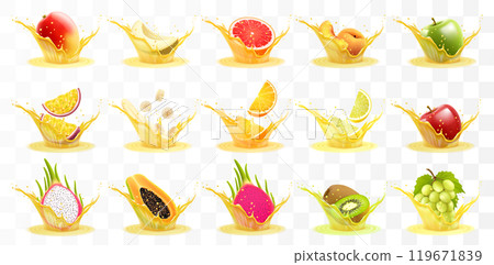 Juice of Mango, melon, orange, peach, apple, passion fruit, banana, grapefruit, lemon, grape, papaya, dragon fruit, kiwi. Fresh fruits and splashes, 3d realistic vector icon set 119671839