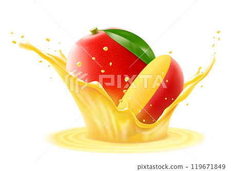 Fresh ripe exotic mango falls into a splash of juice, isolated .on white background. Realistic 3d vector illustration. Summer tropical vitamin food or drink. Mango smoothie splash, vitamin cocktail Fresh ripe exotic mango falls into a splash of juice, isolated .on white background. Realistic 3d vector illustration. Summer tropical vitamin food or drink. Mango smoothie splash, vitamin cocktail 119671849