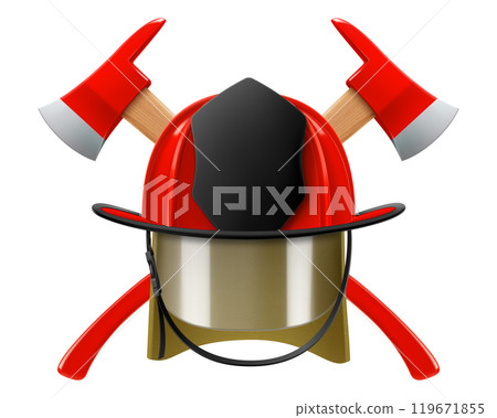 Firefighter helmet or red firefighter hat and two crossed axes isolated on white background. Realistic 3d vector illustration Firefighter helmet or red firefighter hat and two crossed axes isolated on white background. Realistic 3d vector illustration 119671855