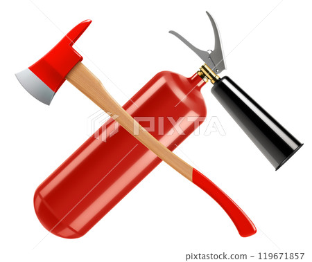Crossed firefighter axe and fire extinguisher isolated on white background. Realistic 3d vector illustration 119671857