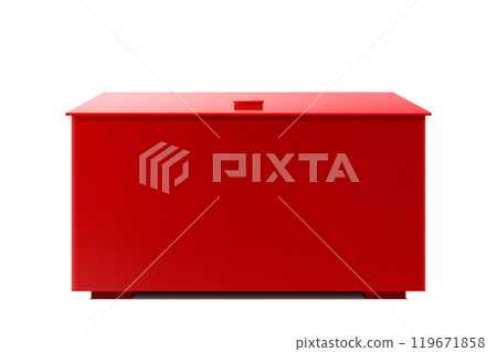 Fire sand box. Fire fighting equipment isolated on white background. The red metal box for fire prevention tools and sand. Realistic 3d Vector illustration. 119671858