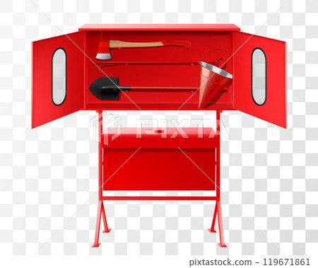 A closed-type fire-fighting equipment stand of red color with doors on the front side and a tilting sand box. The kit includes: a crowbar, fire axe, salvage hook, fire shovel, cone bucket. Realistic 119671861