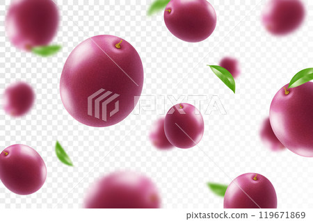 Flying ripe passion fruit. Bright advertising background falling juicy passion fruit, realistic illustration with blurred effect. 3d vector design for advertising banners and web page design 119671869