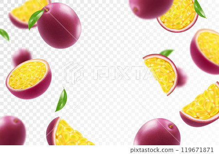 Flying ripe passion fruit. Bright advertising background falling juicy passion fruit, realistic illustration with blurred effect. 3d vector design for advertising banners and web page design Flying ripe passion fruit. Bright advertising background falling juicy passion fruit, realistic illustration with blurred effect. 3d vector design for advertising banners and web page design 119671871