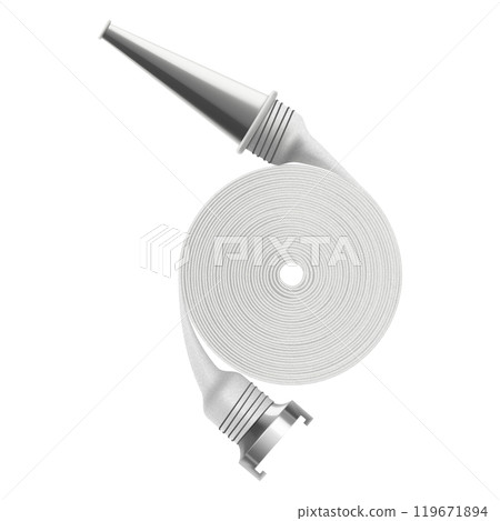 Fire hose reel. Fire equipment. Fire protection. Portable fire extinguishing equipment from fire department. Realistic 3d vector illustration isolated on a white background. 119671894
