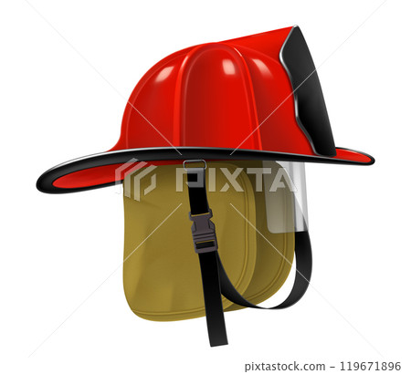 Firefighter Helmet or Fireman Hat isolated on white background. Realistic 3d vector illustration isolated on white background. Firefighter gear, red helmet for protection and safety 119671896
