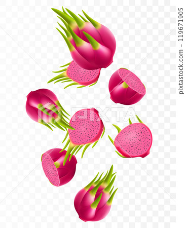 Flying ripe red dragon fruit. Bright background falling juicy fruit pitahaya, realistic illustration with blurred effect. 3d vector design for advertising banners and web page design Flying ripe red dragon fruit. Bright background falling juicy fruit pitahaya, realistic illustration with blurred effect. 3d vector design for advertising banners and web page design 119671905