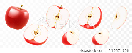 Set of red apple isolated on transparent background. Whole, half and slices of a delicious apple. Summer harvest. Natural product. Realistic 3d vector illustration, . Template for your summer design Set of red apple isolated on transparent background. Whole, half and slices of a delicious apple. Summer harvest. Natural product. Realistic 3d vector illustration, . Template for your summer design 119671906