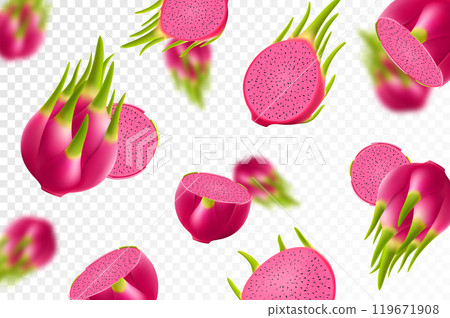 Flying ripe red dragon fruit. Bright background falling juicy fruit pitahaya, realistic illustration with blurred effect. 3d vector design for advertising banners and web page design Flying ripe red dragon fruit. Bright background falling juicy fruit pitahaya, realistic illustration with blurred effect. 3d vector design for advertising banners and web page design 119671908