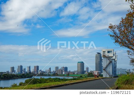 View of residential area of Kawaguchi Motofo from Arawa River's river 119672121