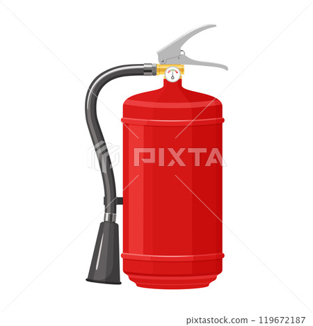 Red Dry Powder Fire Extinguisher with nozzle isolated on white background. Portable fire extinguishing equipment from fire department. Professional tool or instrument. Realistic 3D vector illustration Red Dry Powder Fire Extinguisher with nozzle isolated on white background. Portable fire extinguishing equipment from fire department. Professional tool or instrument. Realistic 3D vector illustration 119672187