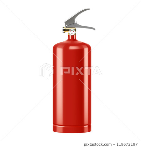 Red fire extinguisher isolated on white background. Portable fire extinguishing equipment from fire department. Professional tool or instrument. Realistic 3D vector illustration Red fire extinguisher isolated on white background. Portable fire extinguishing equipment from fire department. Professional tool or instrument. Realistic 3D vector illustration 119672197