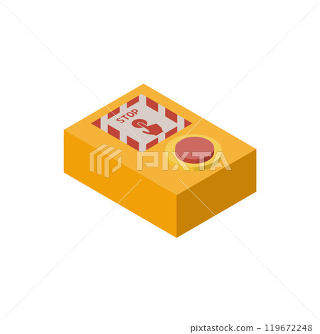 車站平台上的緊急停止按鈕的插圖,等距材料。頂方法1. 車站平台上的緊急停止按鈕的插圖,等距材料。頂方法1. 119672248