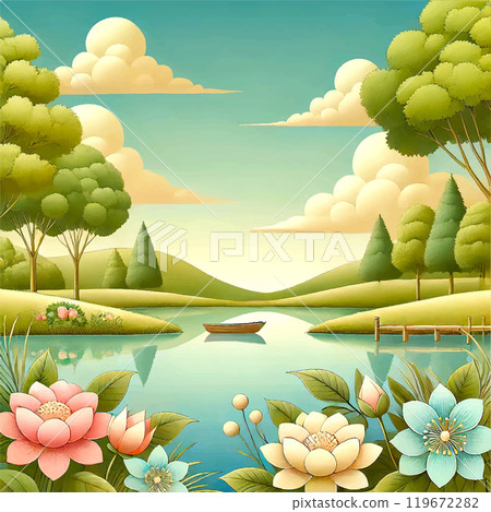 Bright Cozy Nature Landscape with Colorful Flowers, Lush Green Forest, Calm River, and Serene Sky. A Tranquil Vector Illustration for Outdoor Relaxation, Peaceful Retreat, and Natural Beauty 119672282