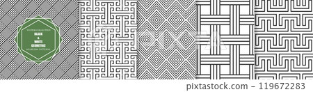 Collection of vector seamless geometric patterns. Striped black and white abstract creative backgrounds. Monochrome linear textures. Endless unusual prints 119672283