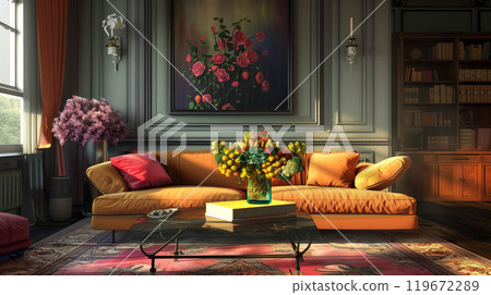 Interior modern of minimal living room design with colorful flower nature in house. 119672289