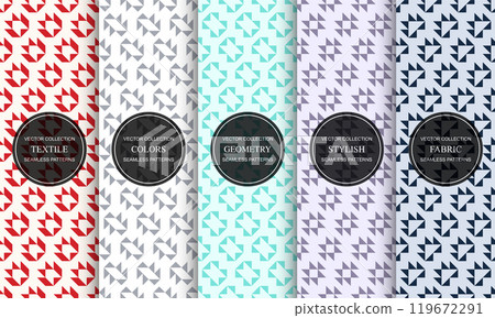 Collection of bright colorful decorative seamless geometric patterns. Textile shaped delicate fabric backgrounds. Mosaic endless textures. Cloth elegant prints 119672291