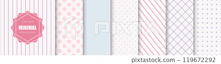 Collection of color geometric seamless patterns. Simple dotted and striped delicate textures - repeatable unusual minimalistic backgrounds. Textile endless prints 119672292
