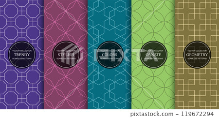 Set of bright colorful seamless geometric ornamental patterns - symmetric textures. Vector repeatable oriental vintage backgrounds 119672294