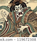 傳統歌舞伎演員強而有力的面部表情和服裝插圖 119672308