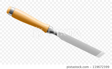 Chisel, carpentry hand tools for woodworking and wood carving. Stand for working with wood. Chisel with wooden handle isolated on transparent background. Realistic 3d Vector illustration. Chisel, carpentry hand tools for woodworking and wood carving. Stand for working with wood. Chisel with wooden handle isolated on transparent background. Realistic 3d Vector illustration. 119672399