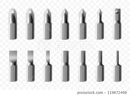 Isometric set of metal bits for screwdriver isolated on white background. Bits for electric drill or cordless screwdriver. Hand tools for repair. Bits for bolts and screws. Realistic 3d vector 119672406