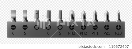 Isometric set of metal bits for screwdriver isolated on white background. Bits for electric drill or cordless screwdriver. Hand tools for repair. Bits for bolts and screws. Realistic 3d vector 119672407