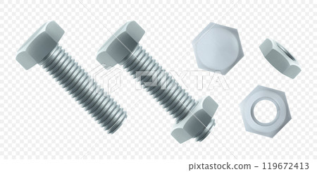 Isometric vector illustration steel bolt and hex nut isolated on white background. Realistic 3d stainless steel bolt and nut icon. screw-nuts and bolts. Isometric vector illustration steel bolt and hex nut isolated on white background. Realistic 3d stainless steel bolt and nut icon. screw-nuts and bolts. 119672413