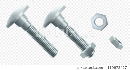 Isometric vector illustration steel bolt or screw isolated on white background. Realistic 3d stainless steel bolt and nut icon. screw-nuts and bolts. 119672417
