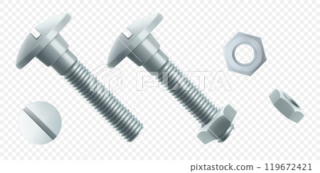 Steel bolts and hex nut isolated on white background. Realistic 3d stainless steel bolt and nut icon. Screw-nuts and bolts. Isometric vector illustration Steel bolts and hex nut isolated on white background. Realistic 3d stainless steel bolt and nut icon. Screw-nuts and bolts. Isometric vector illustration 119672421