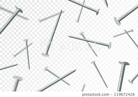 Flying metal nails, isolated on transparent background. Many silver falling nails. ?onstruction, repair tools. Steel chrome nails, grey instruments minimalist concept. 119672426