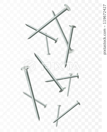 Flying metal nails, isolated on transparent background. Many silver falling nails. ?onstruction, repair tools. Steel chrome nails, grey instruments minimalist concept. Flying metal nails, isolated on transparent background. Many silver falling nails. ?onstruction, repair tools. Steel chrome nails, grey instruments minimalist concept. 119672427