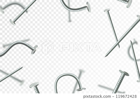 Flying metal nails, isolated on transparent background. Many silver falling nails. ?onstruction, repair tools. Steel chrome nails, grey instruments minimalist concept. Flying metal nails, isolated on transparent background. Many silver falling nails. ?onstruction, repair tools. Steel chrome nails, grey instruments minimalist concept. 119672428