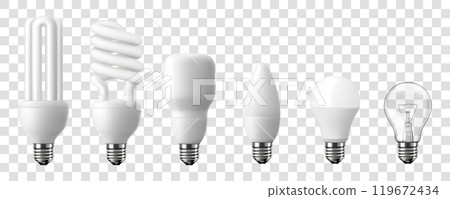 Set of LED light emitting diode energy saving light bulbs, economical light bulb and incandescent light bulb, isolated on transparent background, 3d vector realistic illustration. 119672434