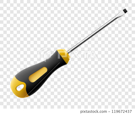 Flat head screwdriver isolated on transparent background. Black and yellow long screwdrivers. Metal tool for Home Repairs and Mechanical Work. Realistic 3d vector illustration. 119672437
