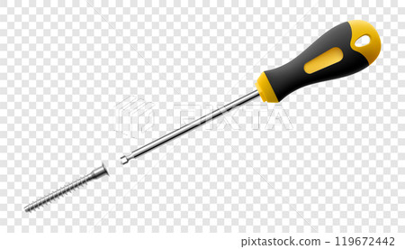 Screwdriver with bolt isolated on transparent background. Black and yellow long screwdrivers. Metal tool for Home Repairs and Mechanical Work. Realistic 3d vector illustration. 119672442